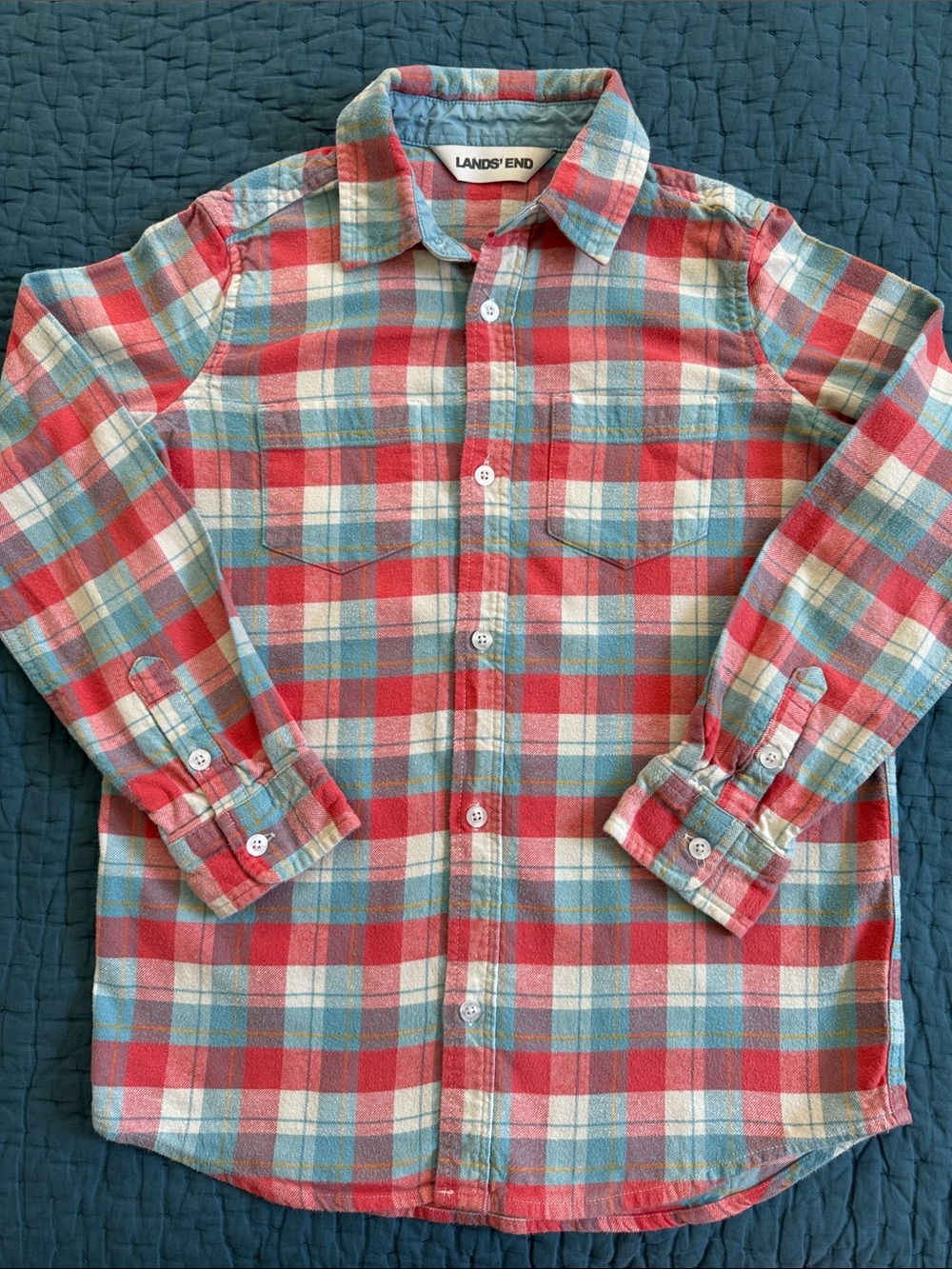 Lands' End Red and Blue Plaid Cotton Flannel Button-Down Shirt